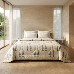Cream & Rust Sage Green Floral Jaipur Indian Hand Block Print Quilted Comforter