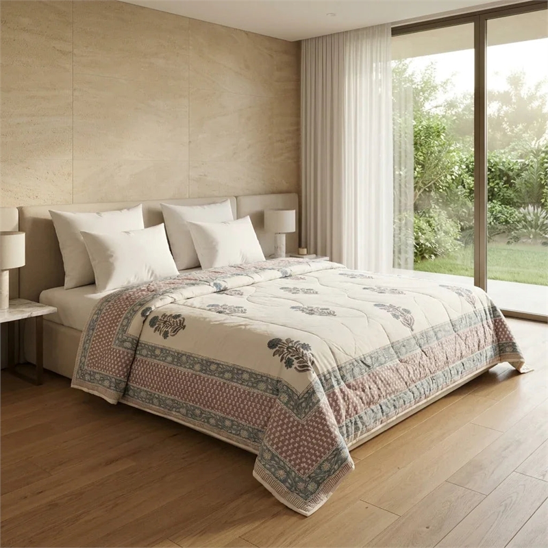 Cream & Slate Blue Taupe Floral Jaipur Indian Hand Block Print Quilted Comforter