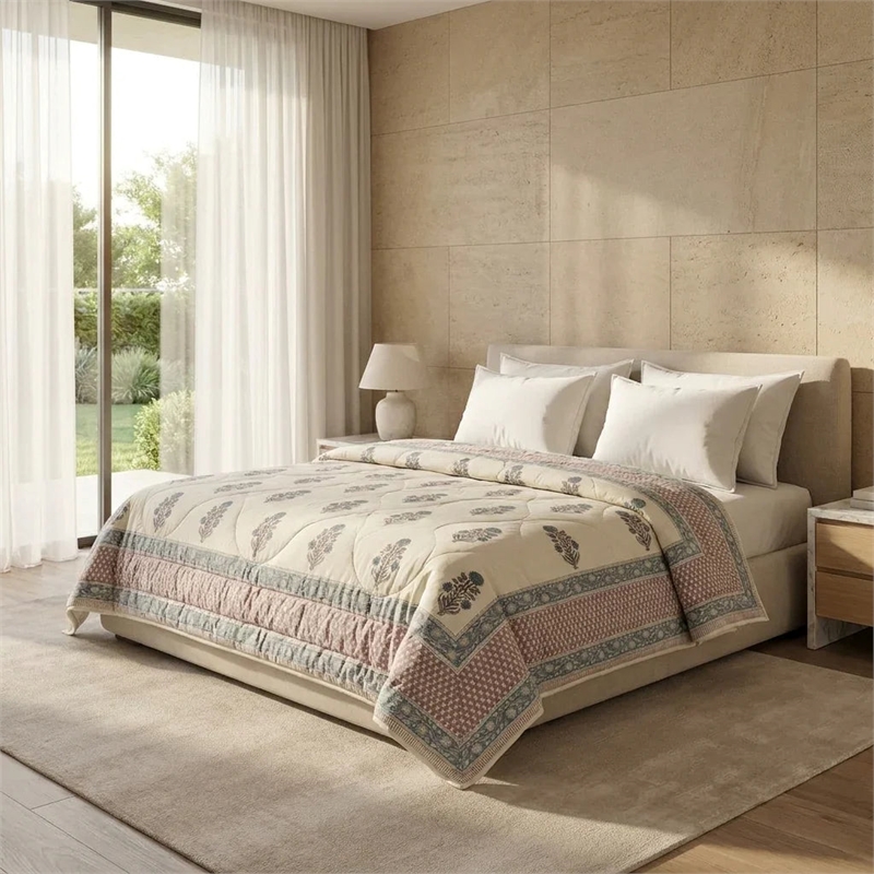 Cream & Slate Blue Taupe Floral Jaipur Indian Hand Block Print Quilted Comforter