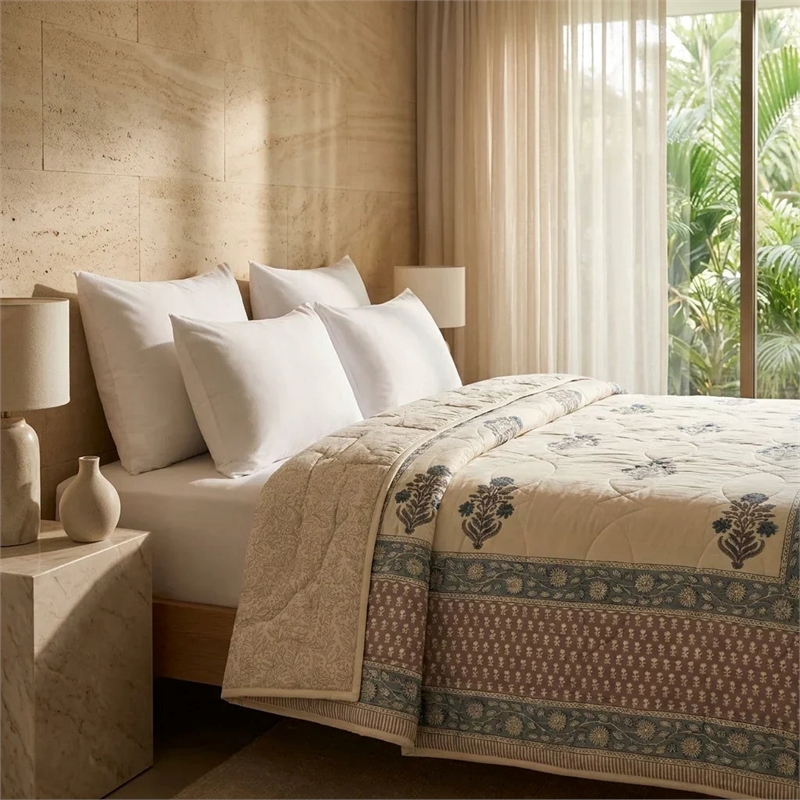Cream & Slate Blue Taupe Floral Jaipur Indian Hand Block Print Quilted Comforter