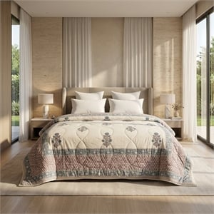 Cream & Slate Blue Taupe Floral Jaipur Indian Hand Block Print Quilted Comforter