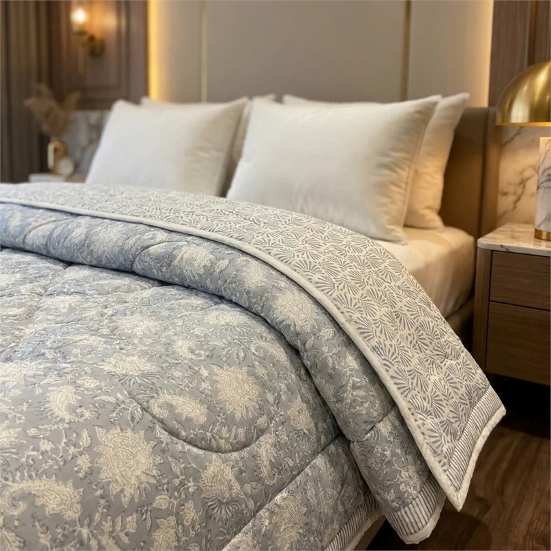 Grey & Cream Floral Paisley Jaipur Indian Hand Block Print Quilted Comforter