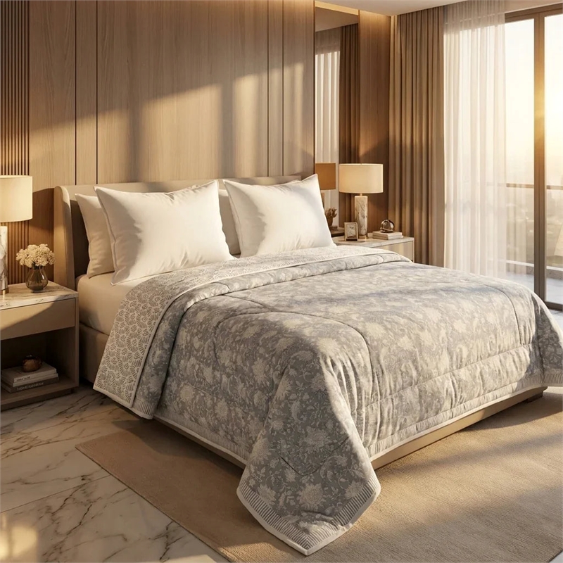 Grey & Cream Floral Paisley Jaipur Indian Hand Block Print Quilted Comforter