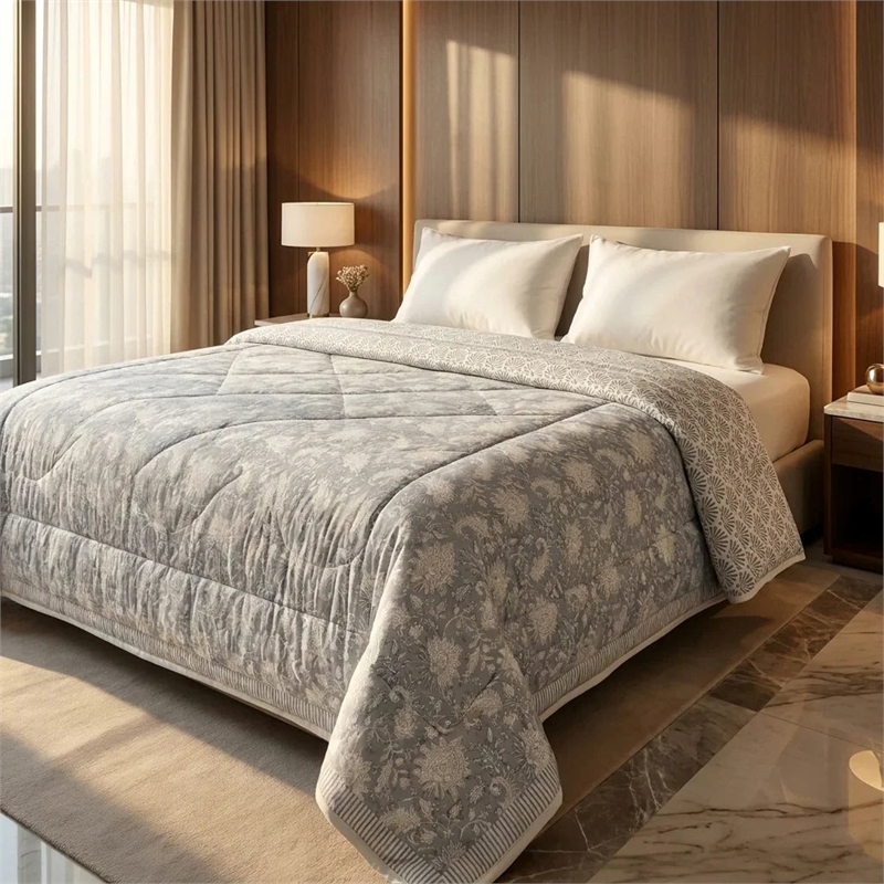 Grey & Cream Floral Paisley Jaipur Indian Hand Block Print Quilted Comforter