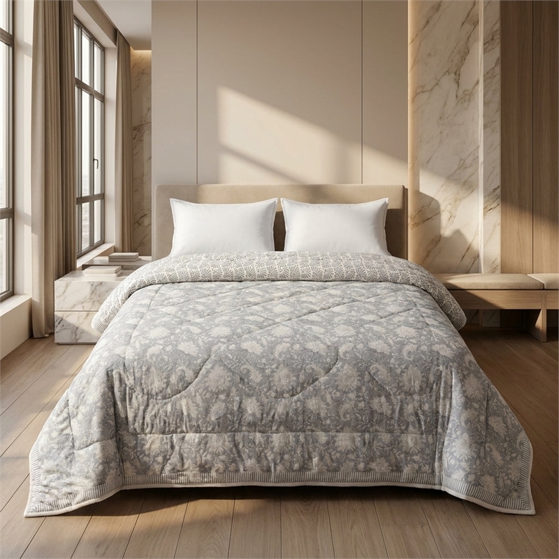Grey & Cream Floral Paisley Jaipur Indian Hand Block Print Quilted Comforter