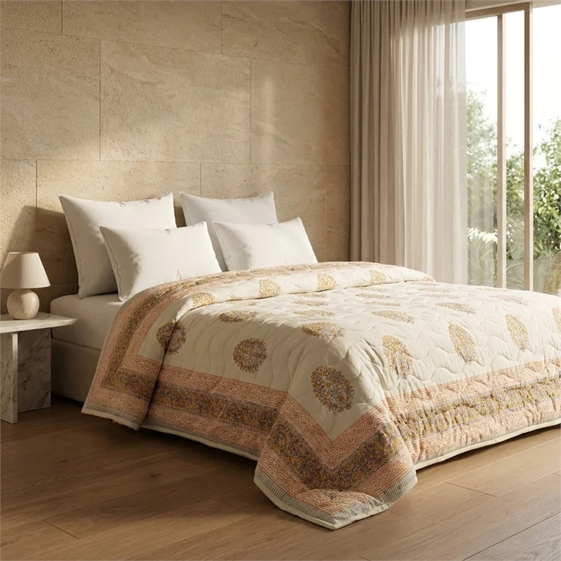 Cream & Sage Green Rose Floral Jaipur Indian Hand Block Print Quilted Comforter