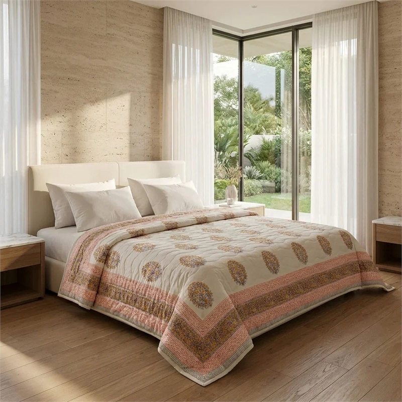 Cream & Sage Green Rose Floral Jaipur Indian Hand Block Print Quilted Comforter