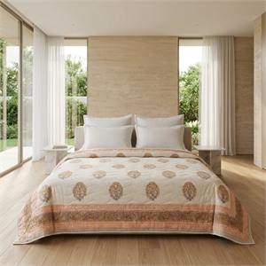 Cream & Sage Green Rose Floral Jaipur Indian Hand Block Print Quilted Comforter