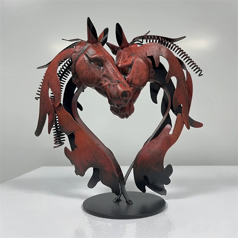 Metal Statue - Double Horse Head Romantic Sculpture