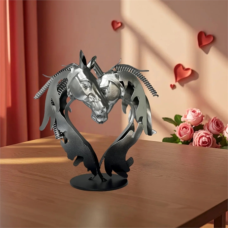 Metal Statue - Double Horse Head Romantic Sculpture