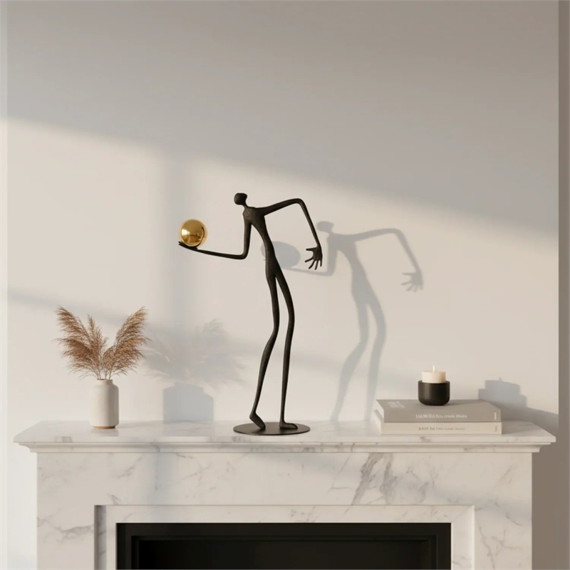 Metal Human Figure Sculpture with Gold Ball - Artistic Home Decor