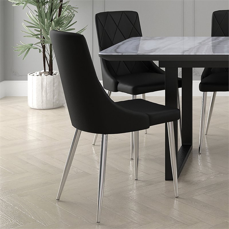Contemporary Faux Leather and Metal Dining Chair Set of 2 Black and Chrome