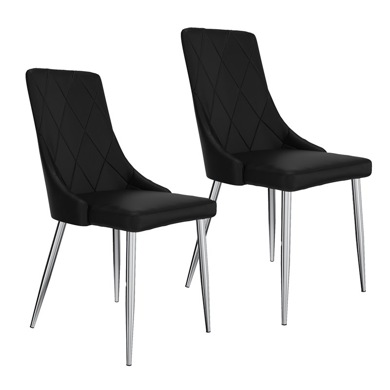 Contemporary Faux Leather and Metal Dining Chair Set of 2 Black and Chrome