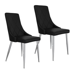 Contemporary Faux Leather and Metal Dining Chair Set of 2 Black and Chrome