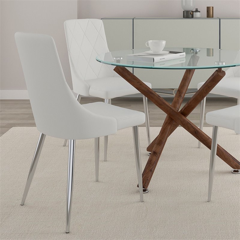 Contemporary Faux Leather and Metal Dining Chair Set of 2 White and Chrome