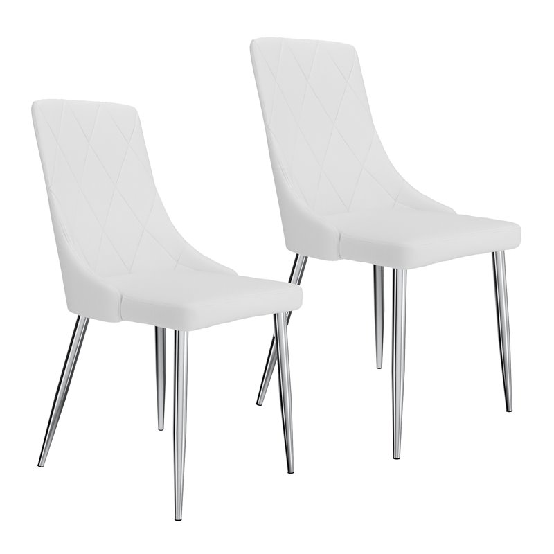 Contemporary Faux Leather and Metal Dining Chair Set of 2 White and Chrome