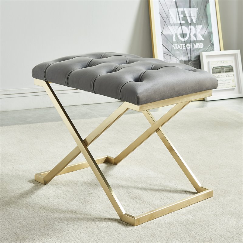 Contemporary Velvet and Stainless Steel Bench Grey and Gold