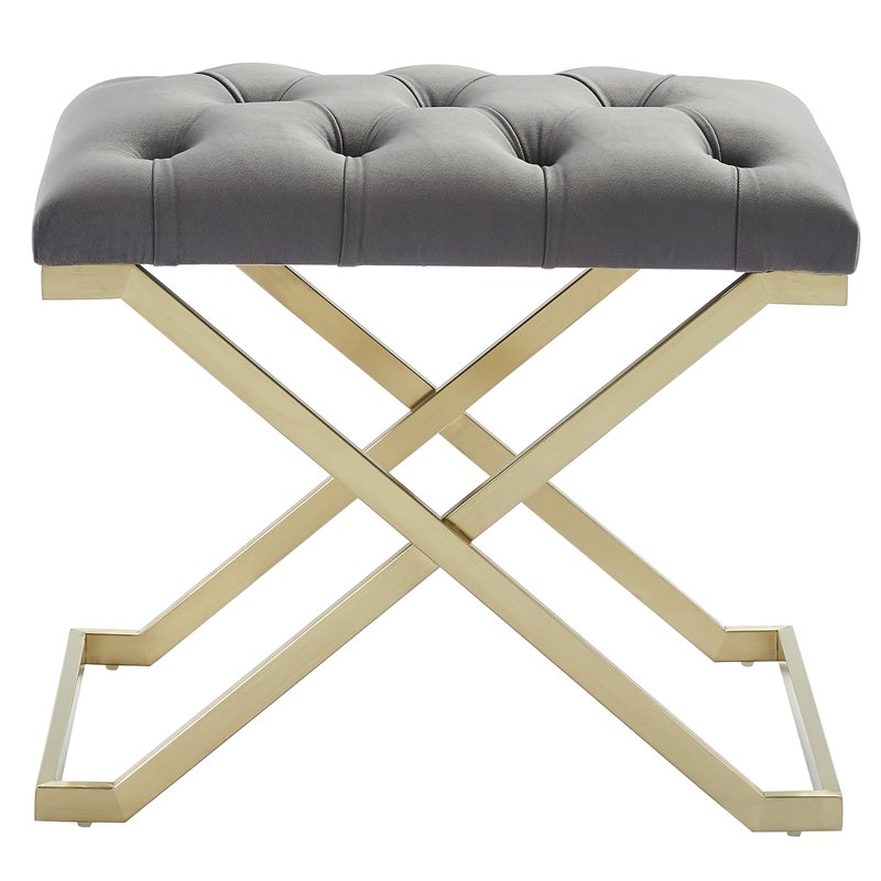Contemporary Velvet and Stainless Steel Bench Grey and Gold