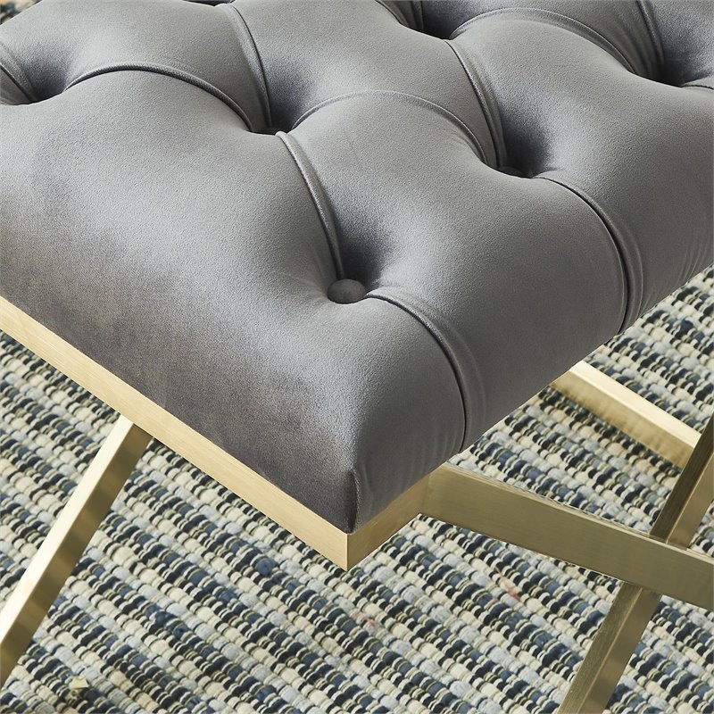 Contemporary Velvet and Stainless Steel Bench Grey and Gold