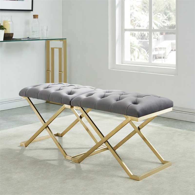 Contemporary Velvet and Stainless Steel Bench Grey and Gold