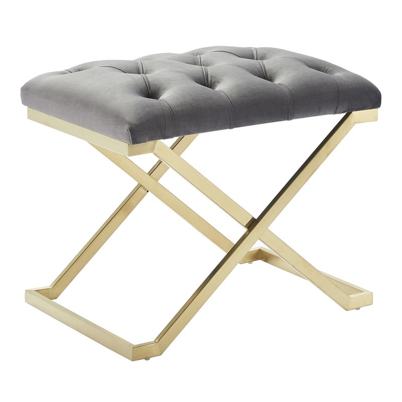 Contemporary Velvet and Stainless Steel Bench Grey and Gold