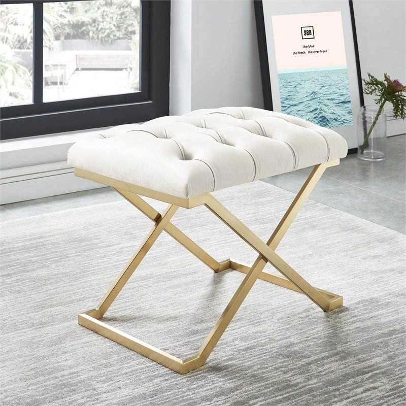 Contemporary Velvet and Stainless Steel Bench Ivory and Gold