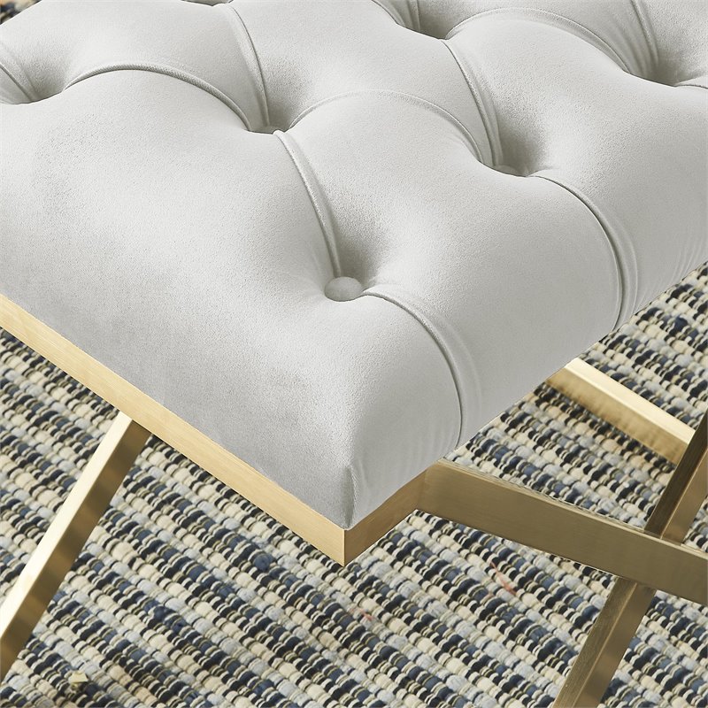 Contemporary Velvet and Stainless Steel Bench Ivory and Gold
