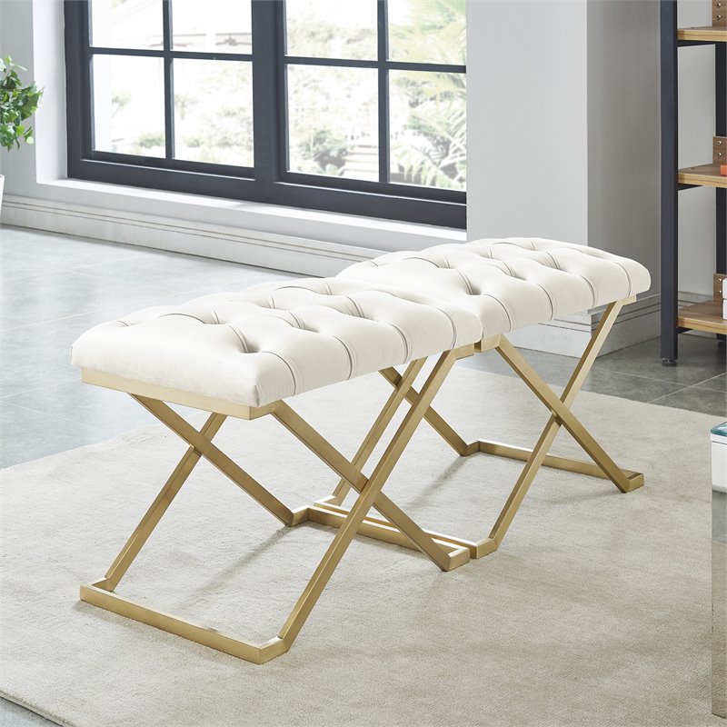 Contemporary Velvet and Stainless Steel Bench Ivory and Gold
