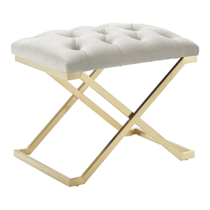 Contemporary Velvet and Stainless Steel Bench Ivory and Gold