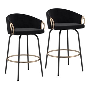 Contemporary Velvet and Metal 26&quot Counter Stool Set of 2 Black and Gold