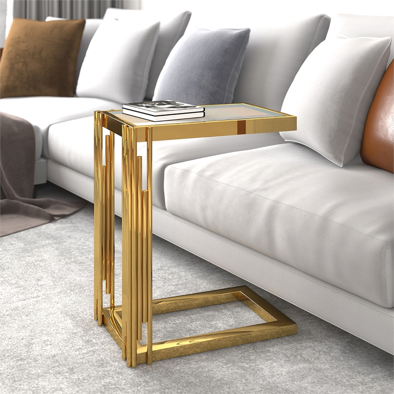 Contemporary Metal and Glass Small Accent Table Gold