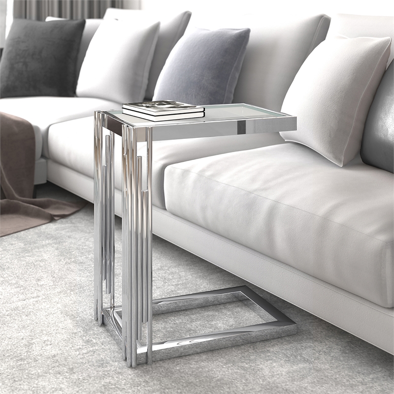 Contemporary Metal and Glass Small Accent Table Silver