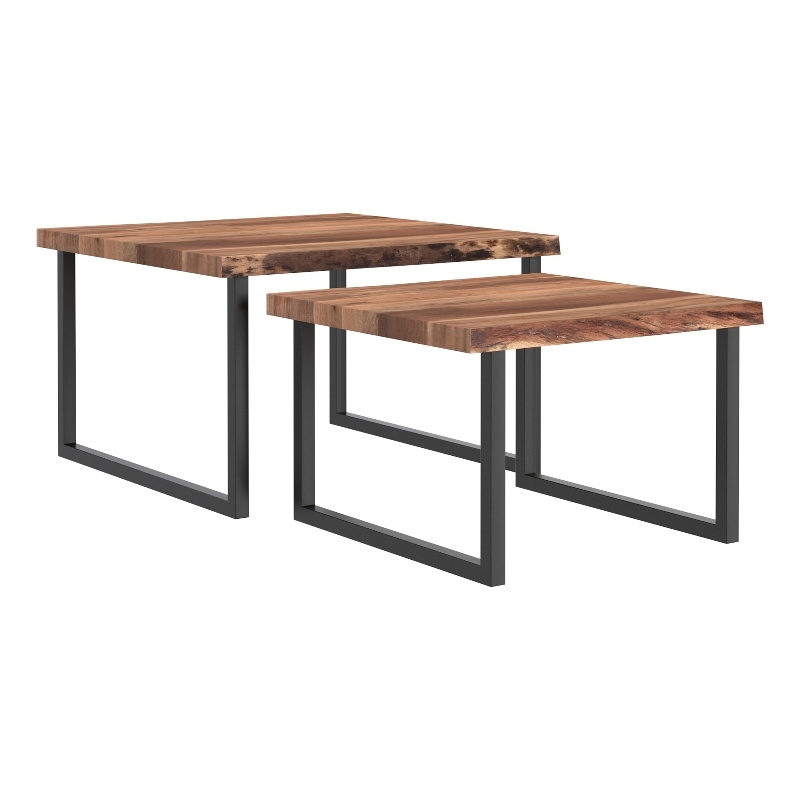 Rustic Industrial Solid Wood and Iron 2pc Coffee Table Set Natural and Black