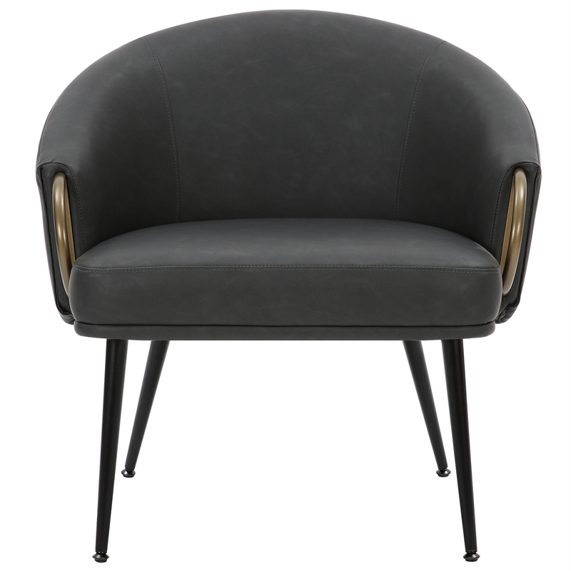 MidCentury Modern Faux Leather Accent Chair Vintage Charcoal Black Aged Gold