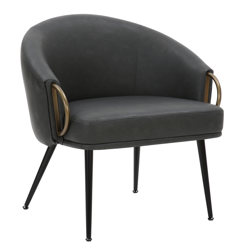 MidCentury Modern Faux Leather Accent Chair Vintage Charcoal Black Aged Gold