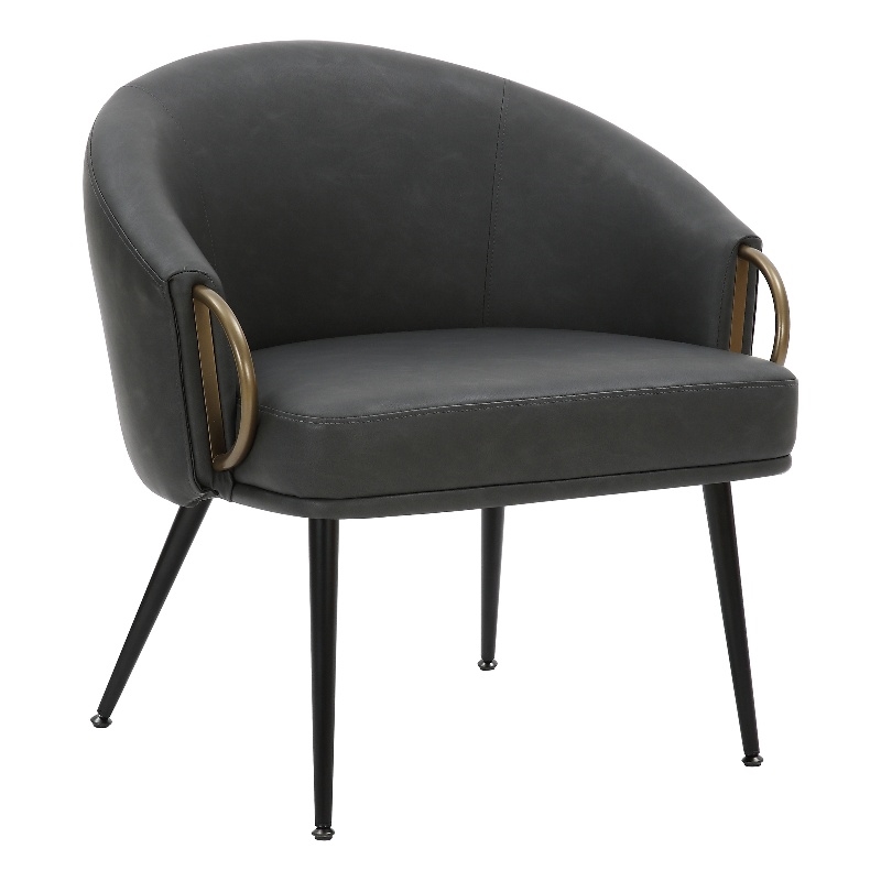 MidCentury Modern Faux Leather Accent Chair Vintage Charcoal Black Aged Gold