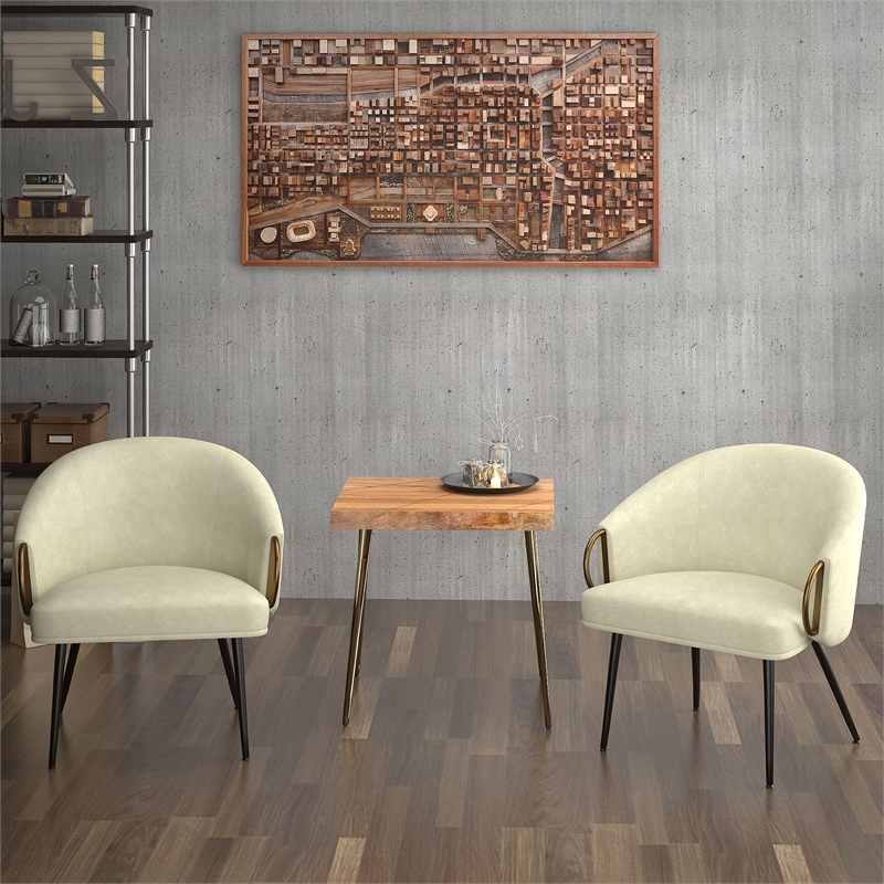 MidCentury Modern Faux Leather Accent Chair Vintage Ivory Black Aged Gold
