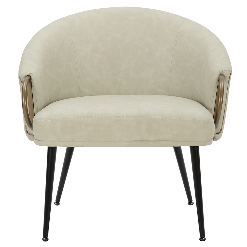 MidCentury Modern Faux Leather Accent Chair Vintage Ivory Black Aged Gold