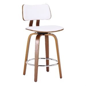 MidCentury Faux Leather and Wood 26&quot Counter Stool with Swivel White and Walnut