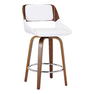 MidCentury Faux Leather and Wood 26&quot Swivel Counter Stool White and Walnut