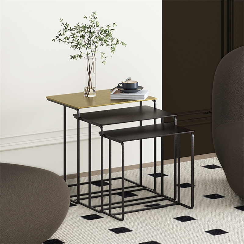 Inspire Industrial Chic Cast Aluminum 3Pc Accent Table Set Antique Gold Black