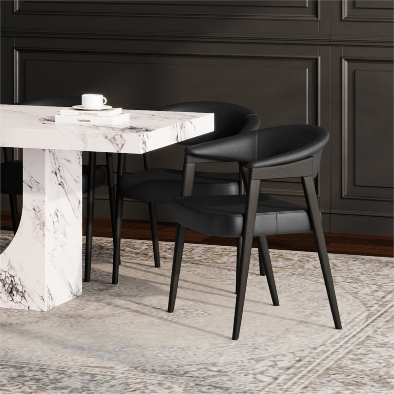 Inspire Modern Faux Leather & Wood Dining Chair in Black/Dark Walnut (Set of 2)
