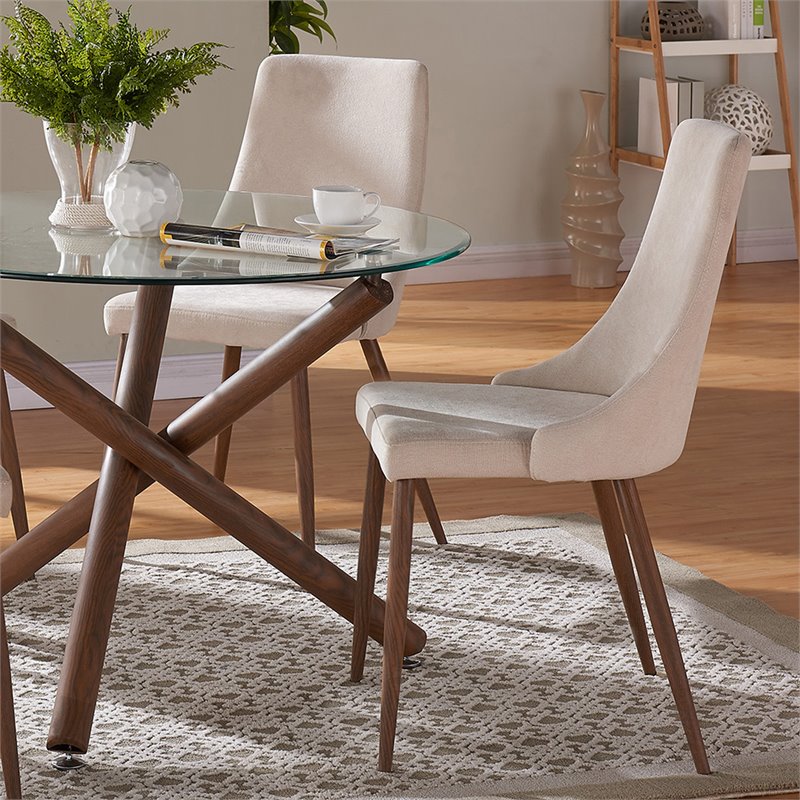 MidCentury Fabric and Metal Dining Chair Set of 2 Beigeand Walnut