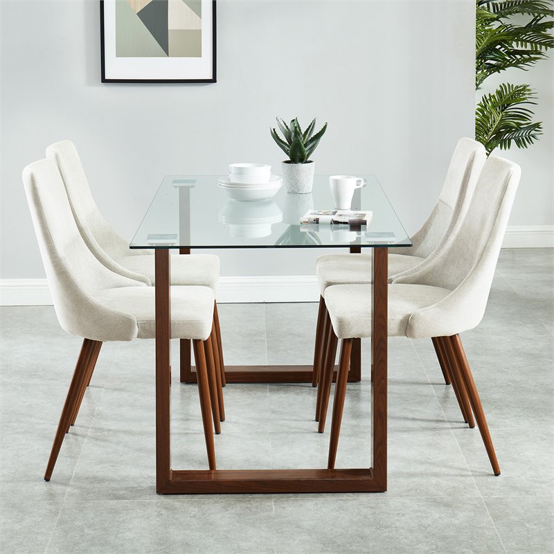 MidCentury Fabric and Metal Dining Chair Set of 2 Beigeand Walnut