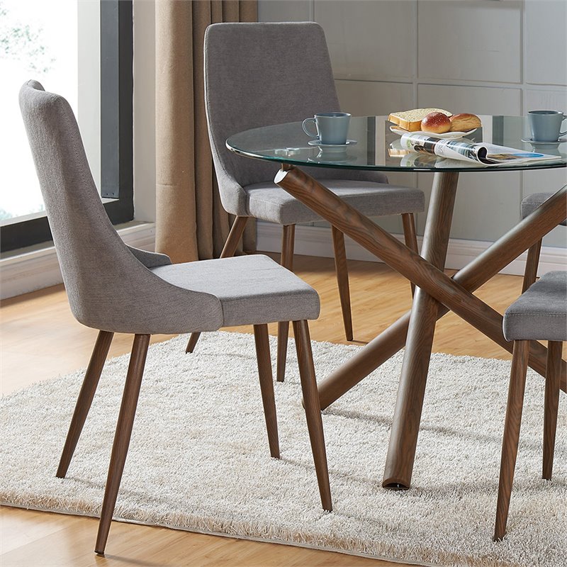 MidCentury Fabric and Metal Dining Chair Set of 2 Grey and Walnut