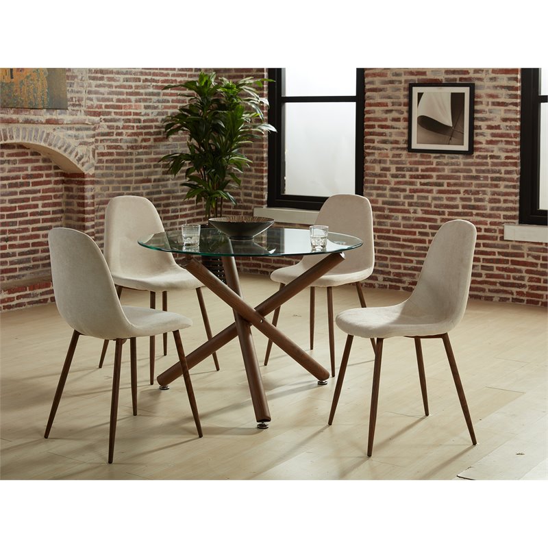 MidCentury Fabric and Metal Dining Chair Set of 4 Beigeand Walnut