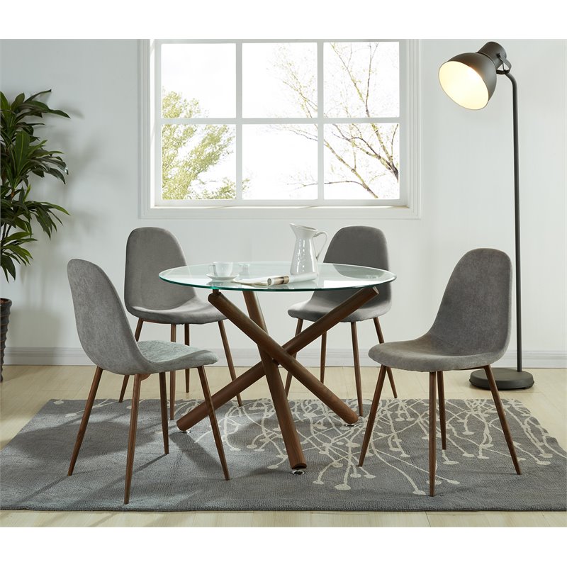 MidCentury Fabric and Metal Dining Chair Set of 4 Grey and Walnut