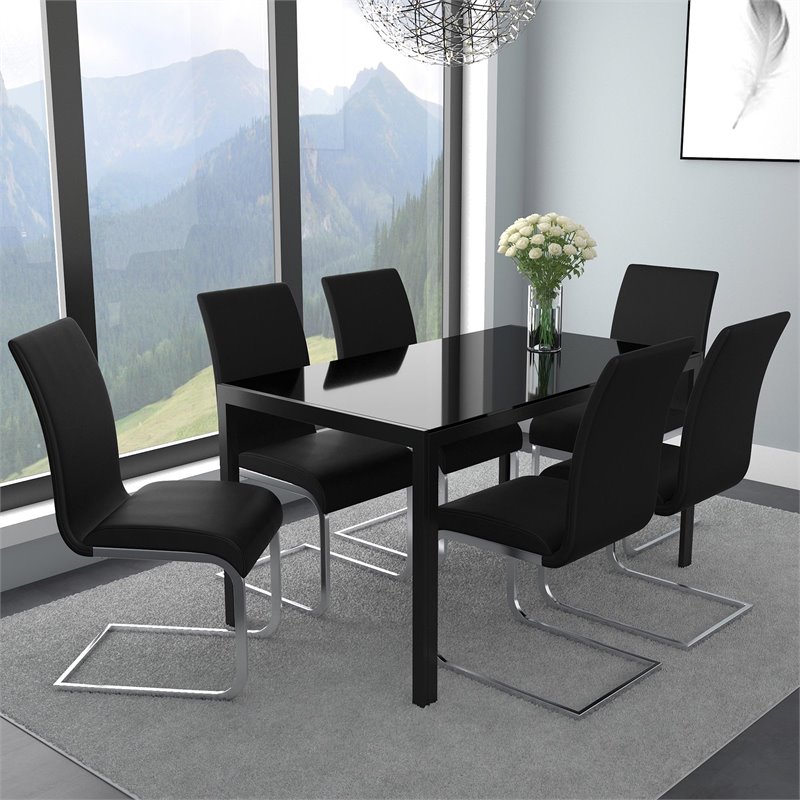 Contemporary Faux Leather and Metal Dining Chair Set of 2 Black and Chrome