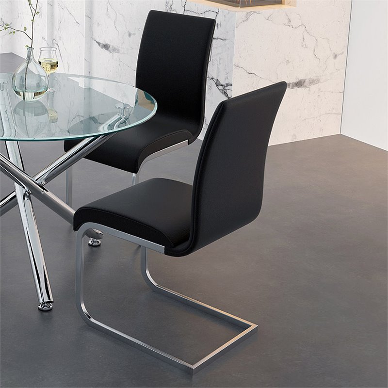 Contemporary Faux Leather and Metal Dining Chair Set of 2 Black and Chrome