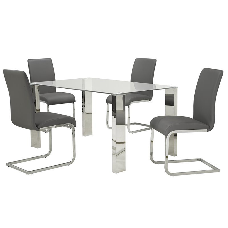 Contemporary Faux Leather and Metal Dining Chair Set of 2 Grey and Chrome